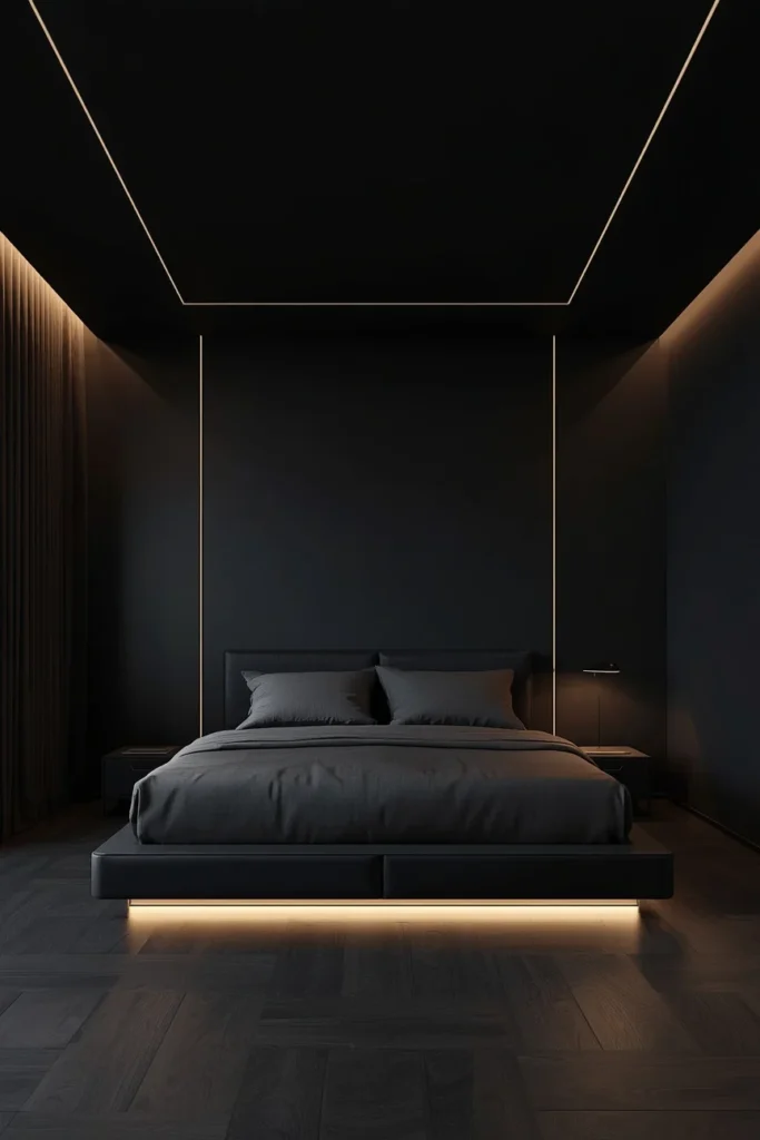 17 Moody Black Bedroom Ideas That Are Hauntingly Beautiful & Chic 7 bedroom, featuring a matte black ceiling and walls