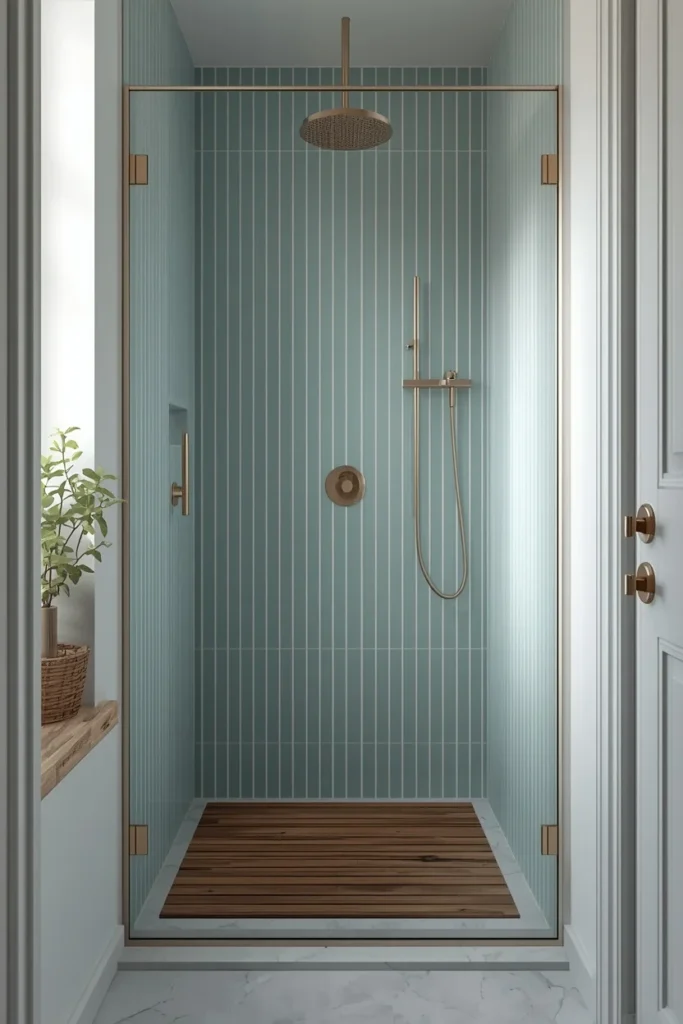 16 Moody Blue Bathroom Ideas That Feel Luxurious & Deeply Relaxing 7 small modern bathroom, featuring narrow vertical misty blue tile