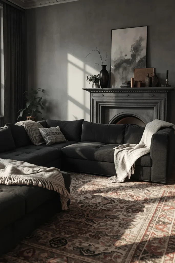 22 Moody Living Room Ideas That Are Rich, Dark & Incredibly Inviting 7 living room, featuring a charcoal stone fireplace surround,