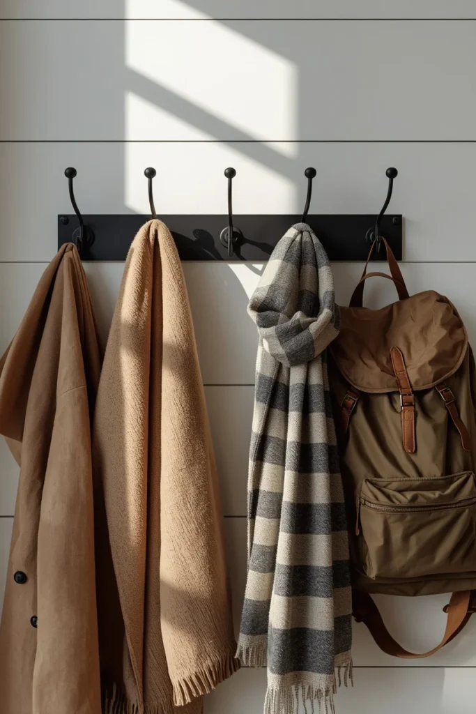 16 Mudroom Design Ideas That Make the Messiest Space in Your Home Look Amazing 6 row of black metal wall hooks holding coats, scarves, and a canvas backpack,