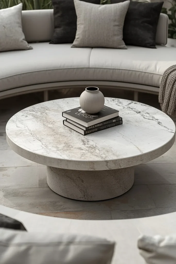 24 Outdoor Patio Furniture Ideas That Are Stylish, Comfy & Weather-Ready 7 patio seating area, featuring a round white stone coffee table