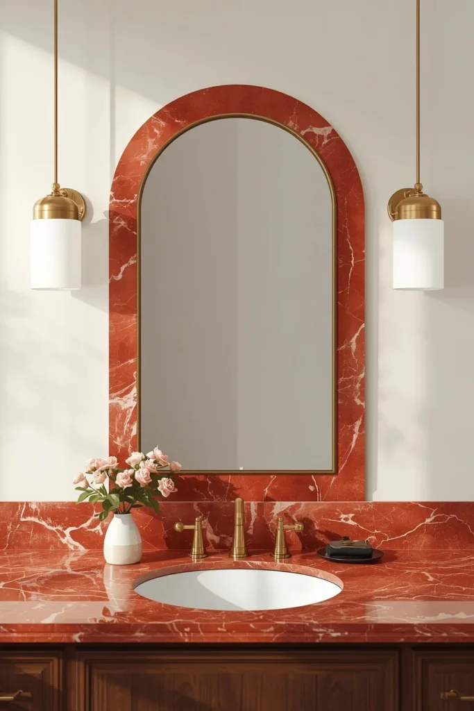 bathroom vanity wall, featuring red marble backsplash 