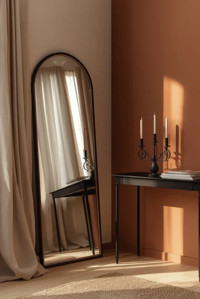 23 Rental Apartment Decor Ideas That Look Like You Actually Own the Place 7 rental living room corner, featuring a large arched mirror