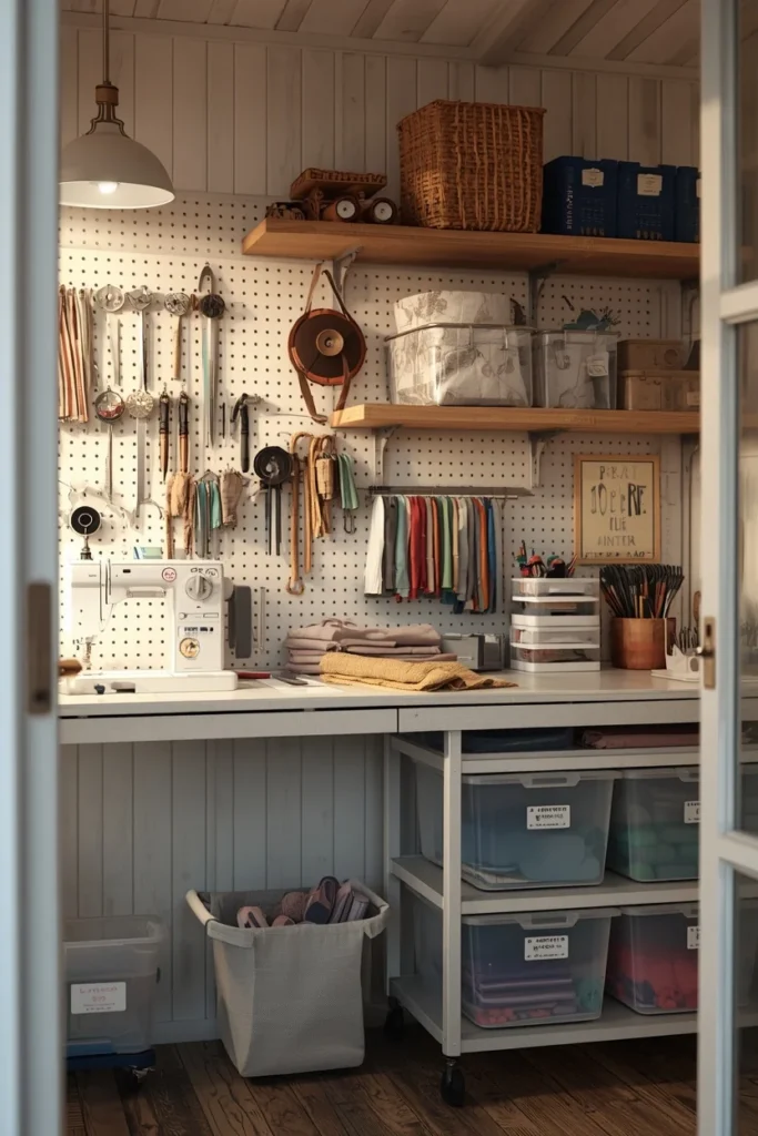 she shed sewing room, featuring a pegboard wall with hanging tools and ribbon spools
