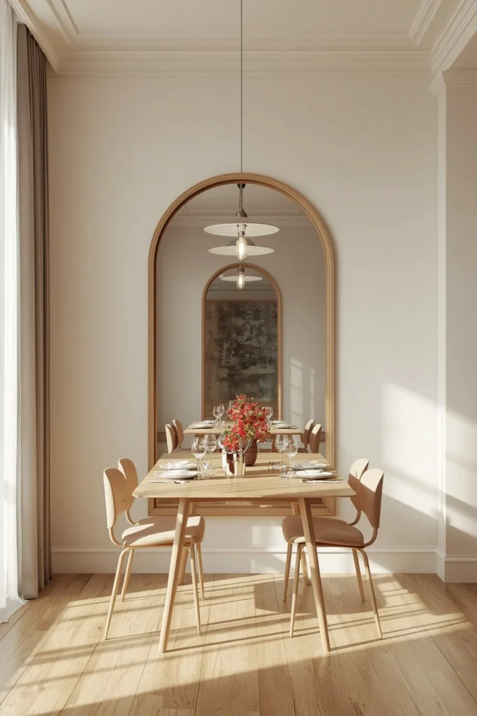 19 Small Dining Room Ideas That Are Big on Style & Even Bigger on Charm 7 small dining room, featuring a large arched mirror on the wall