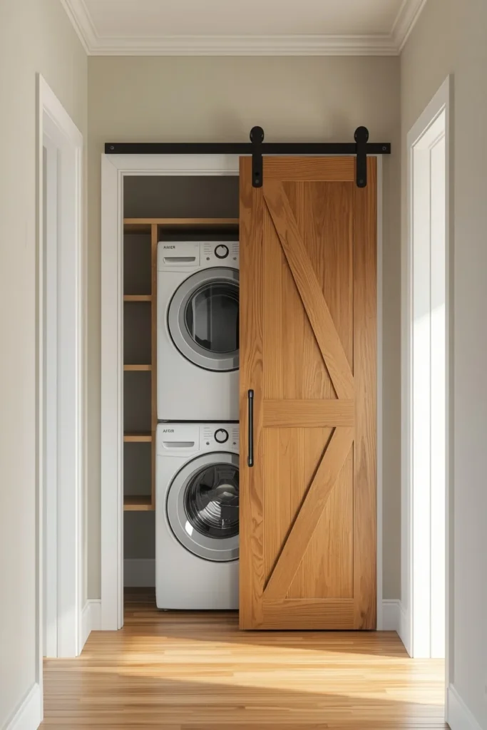 21 Small Laundry Room Ideas That Pack Function & Style Into Every Inch 7 hallway laundry nook, featuring a sliding barn door