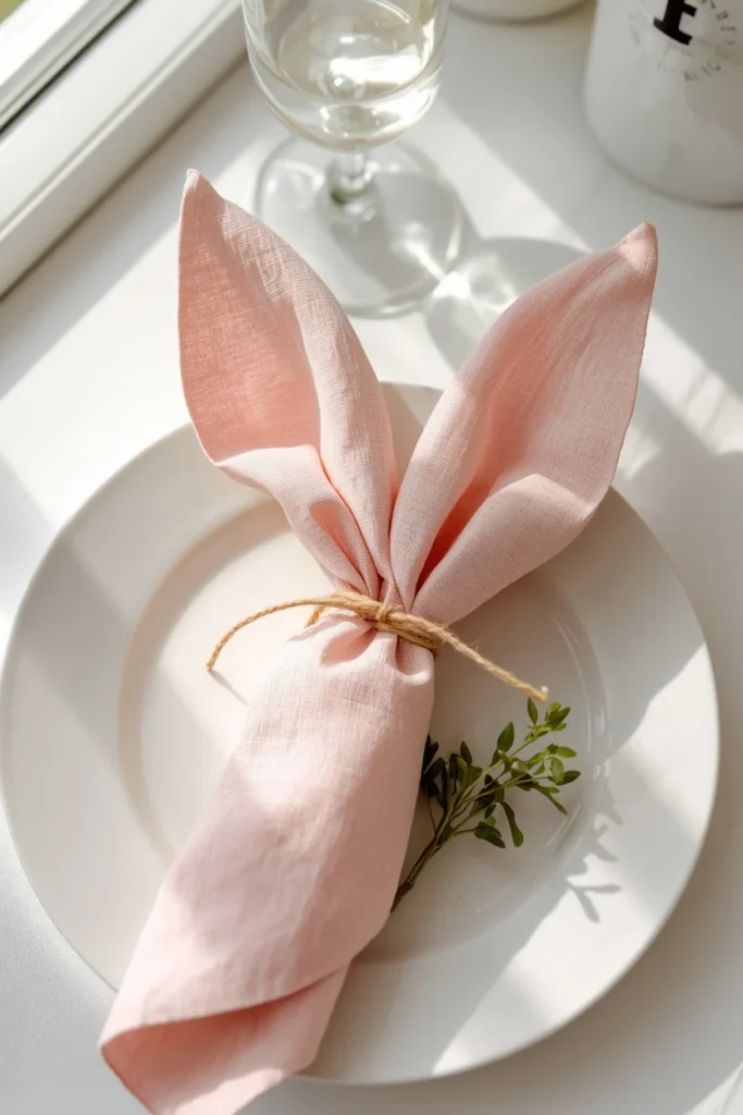 16 Spring Tablescape Ideas That Make Every Meal Feel Like a Garden Party 7 close-up of a spring place setting featuring a pale pink linen napkin