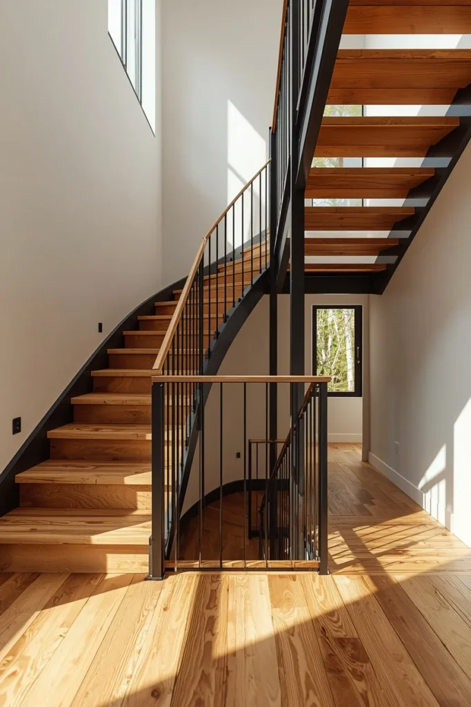 staircase, featuring warm wood treads paired with a black steel structural frame
