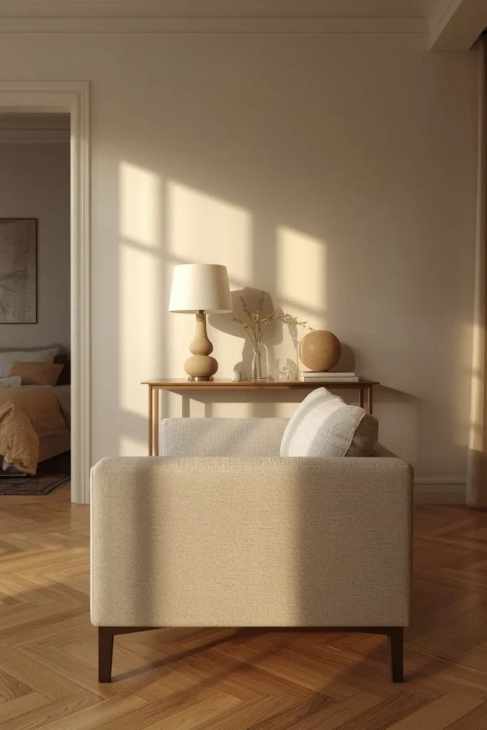  studio apartment, featuring a low-back linen sofa