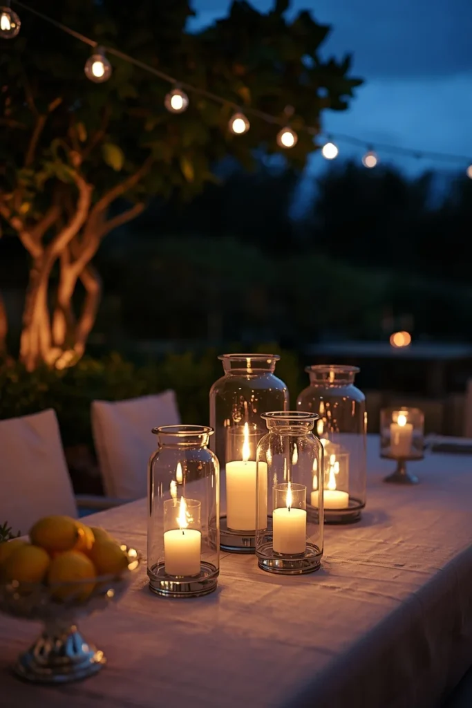 dining table at dusk, featuring three glass hurricane lanterns