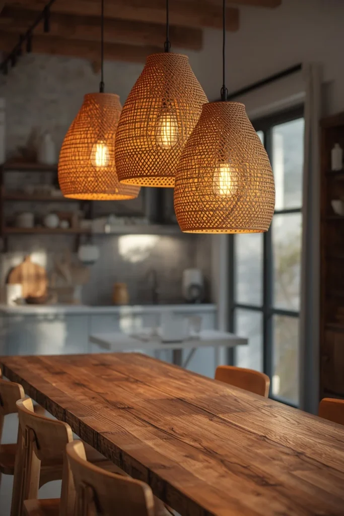  summer house kitchen, featuring three woven rattan pendant lights