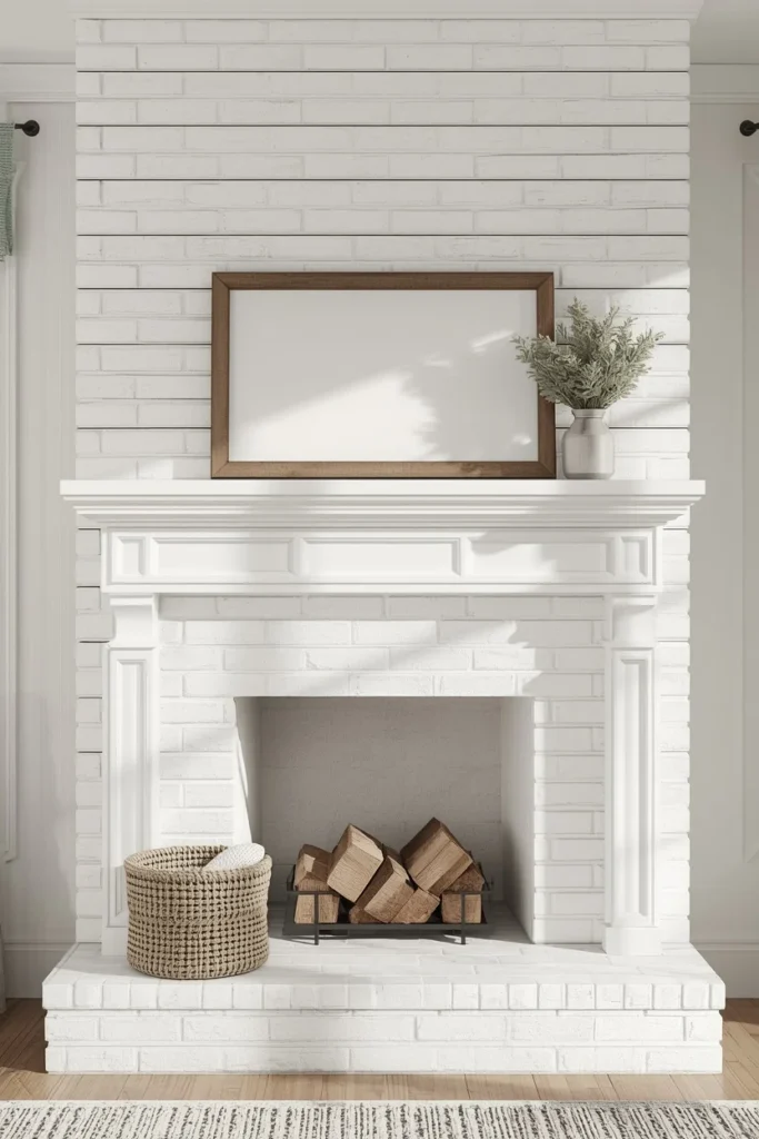  fireplace mantel, featuring a whitewashed brick fireplace
