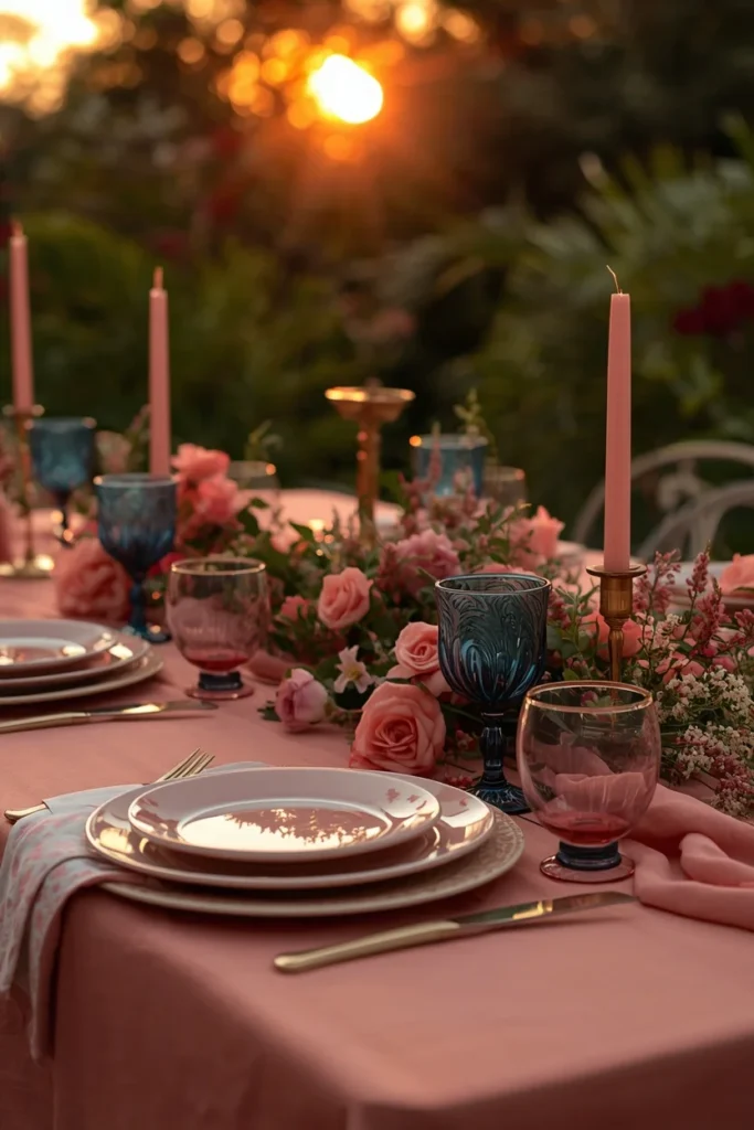 outdoor evening table featuring soft coral linens