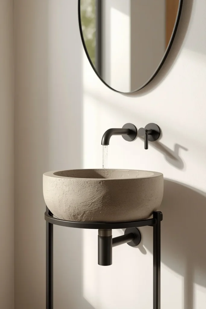  small powder room, featuring a sculptural honed concrete vessel sink