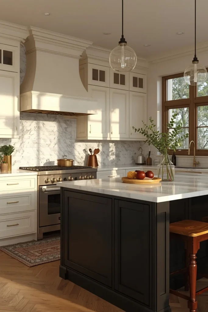  kitchen, featuring soft cream perimeter cabinets and a matte black kitchen island, 
