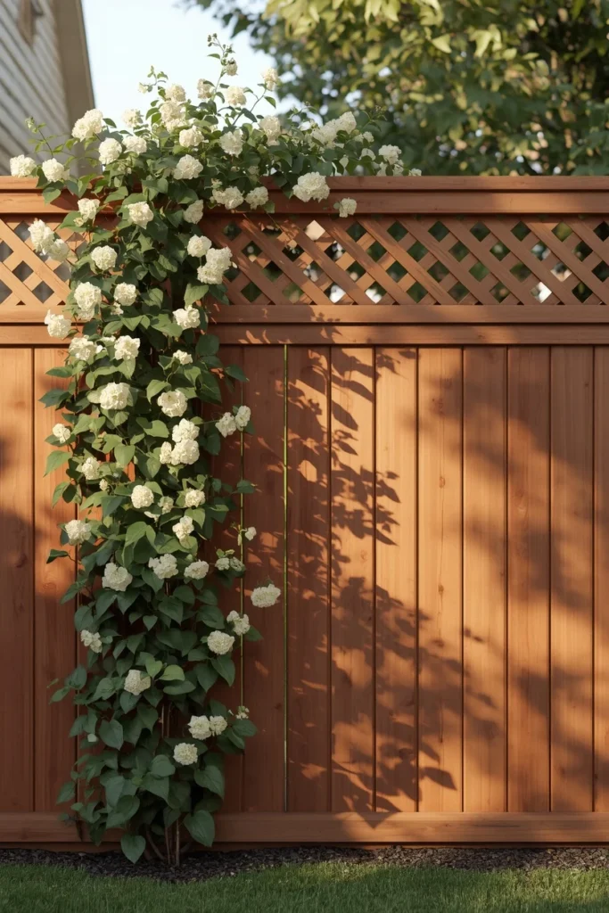 cottage-style backyard exterior, featuring a solid privacy fence