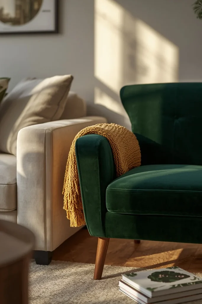 25 Apartment Living Room Ideas That Are Stylish, Smart and Totally Renter-Safe 8 apartment living room, featuring a deep emerald velvet accent chair