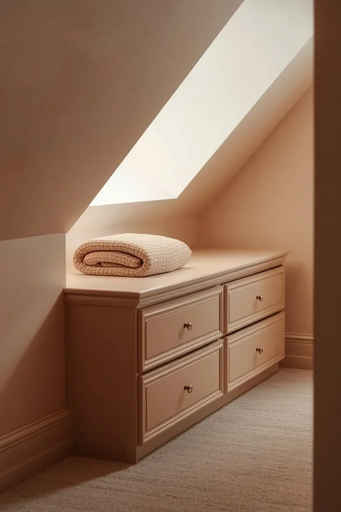 attic bedroom detail shot, featuring built-in drawers 