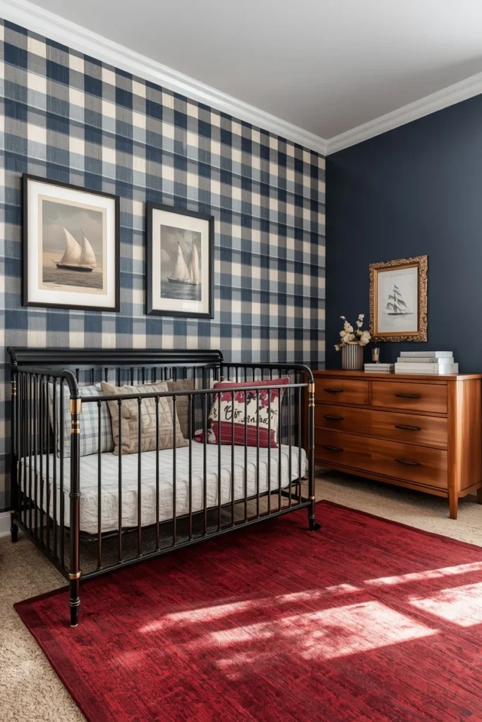 18 Baby Boy Nursery Themes That Are Cute, Creative & Absolutely Charming 8 baby nursery, featuring a navy and white plaid wallpaper