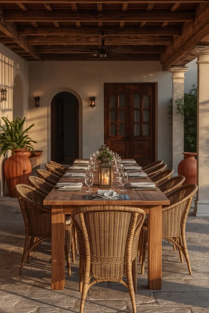 17 Back Patio Ideas That Transform Any Outdoor Space Into a Cozy Retreat 8 farmhouse patio dining area, featuring a long solid wood table