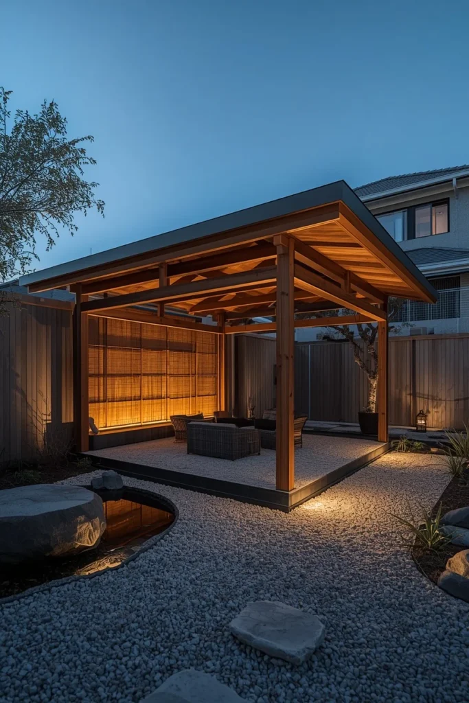 backyard, featuring a Japanese garden-inspired wood pavilion