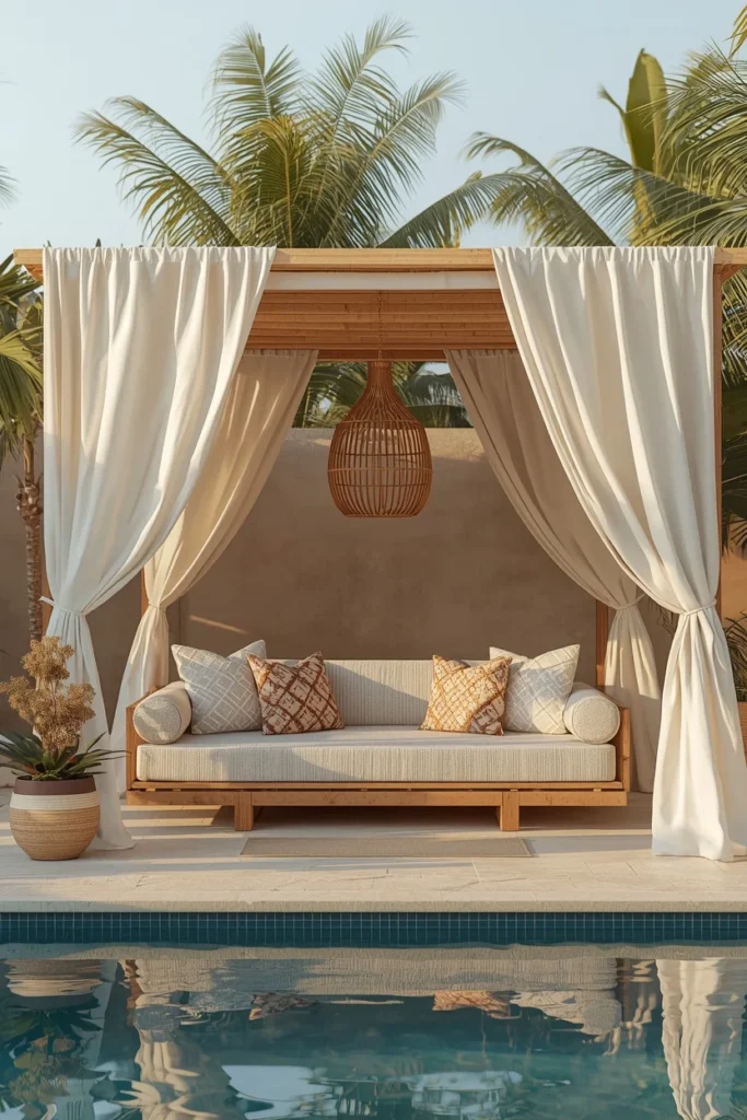 tropical pool cabana, featuring flowing white linen curtains