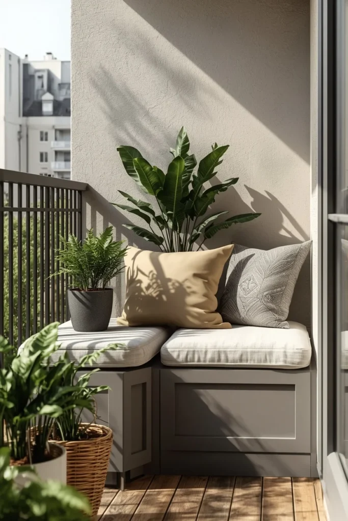 25 Balcony Ideas That Turn Even the Smallest Outdoor Space Into a Retreat 8 curved balcony corner bench, featuring built-in storage seating
