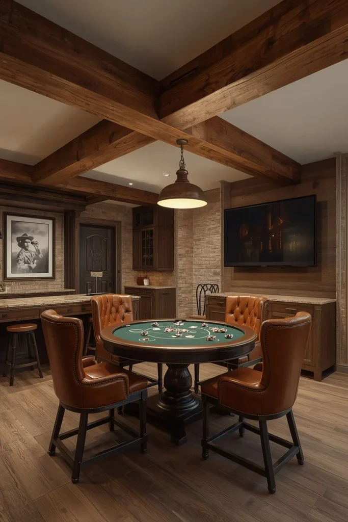 basement game room zone, featuring a reclaimed wood box beam overhead