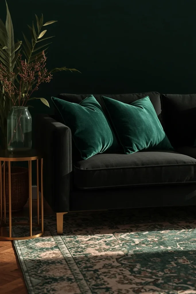 living room, featuring a black sofa with emerald green velvet cushions