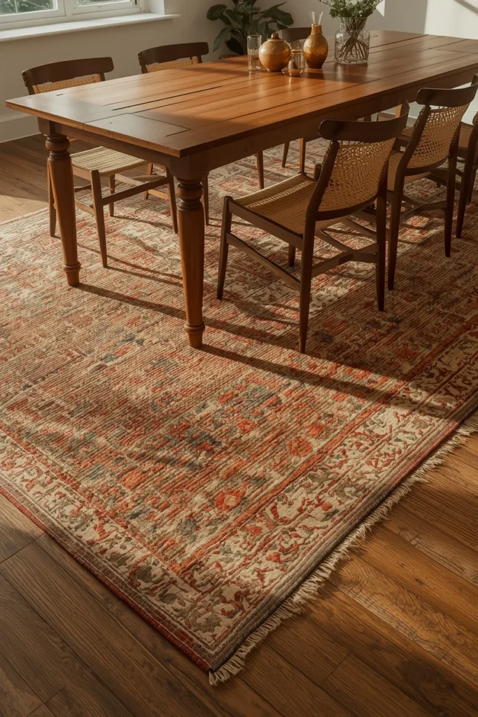 16 Boho Dining Room Ideas That Are Colorful, Layered & Totally Stunning 8 dining room, featuring a vintage kilim-pattern rug layered