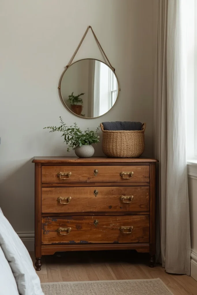 bedroom corner shot, featuring a vintage wood dresser 
