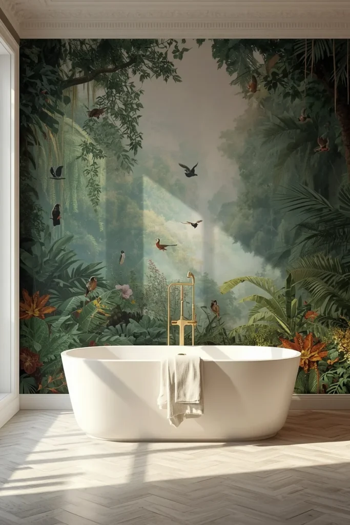  bathroom with soaking tub, featuring a full scenic jungle mural wallpaper