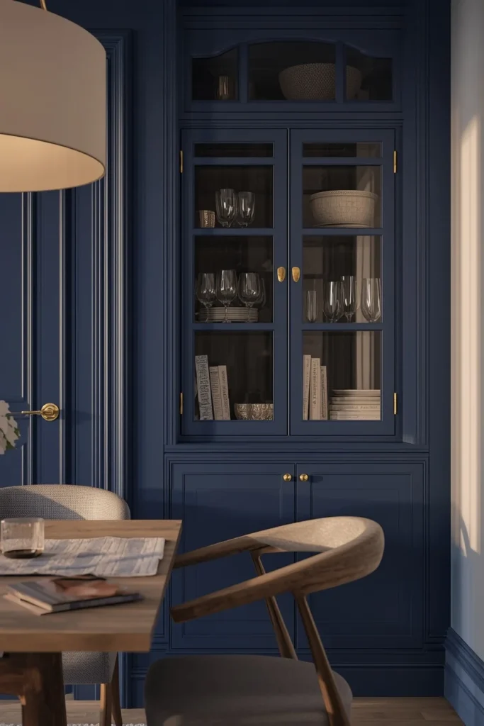 17 Built-In Dining Room Cabinet Ideas That Are Beautiful & Super Practical 8 dining room built-in, featuring a color-drenched deep sapphire blue cabinet