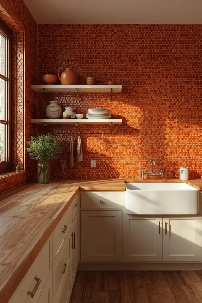 Terracotta Penny Rounds country kitchen backsplash