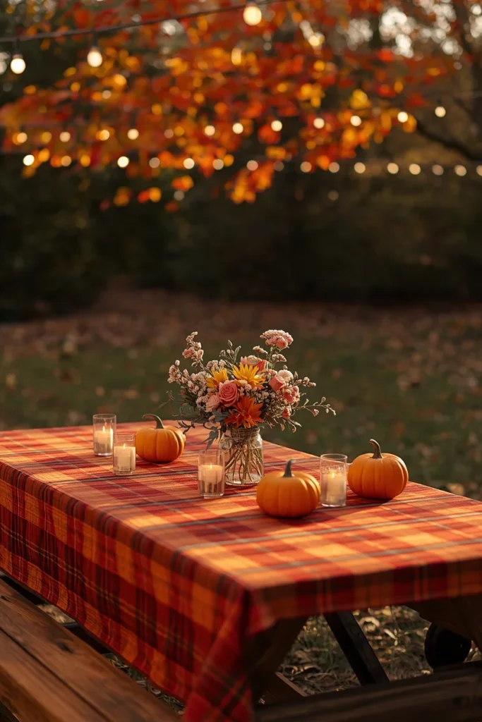 16 Fall Table Decor Ideas That Turn Every Dinner Into an Autumn Celebration 8 outdoor picnic table featuring a red and orange plaid tablecloth,