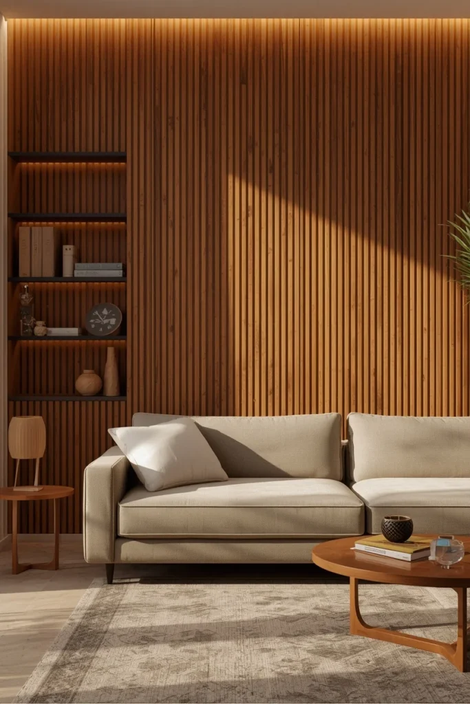 family room, featuring a wall covered in warm wood acoustic slat panels 