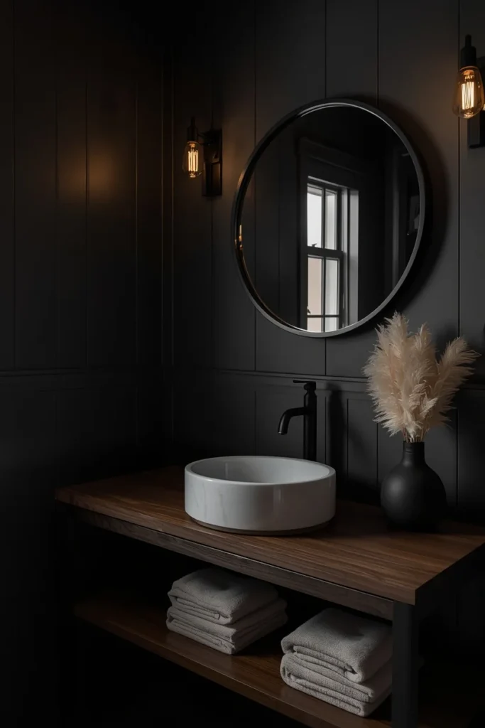 20 Farmhouse Bathroom Ideas That Are Rustic, Cozy & Utterly Gorgeous 8 Moody dark farmhouse bathroom, deep charcoal gray board-and-batten walls