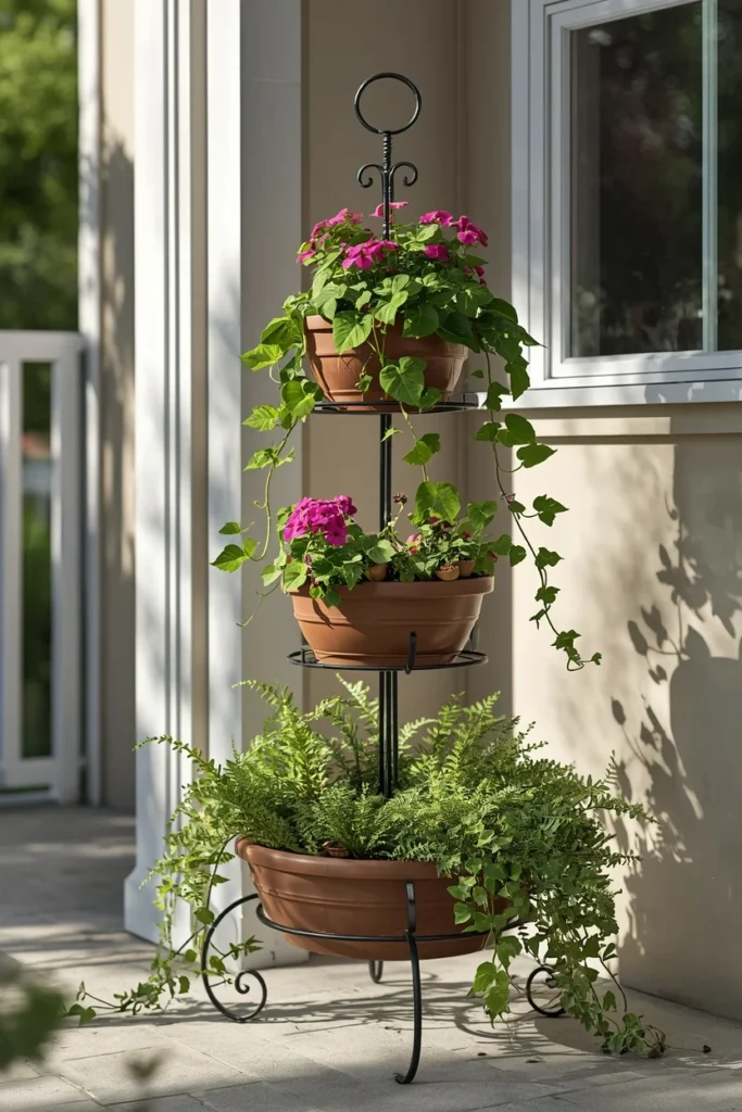 22 Front Porch Flower Ideas That Make Your Home's Entrance Bloom Beautifully 8 wrought iron tiered plant stand on a small porch,