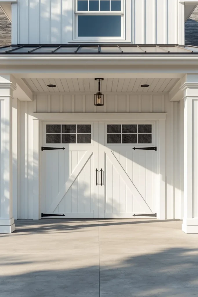 farmhouse exterior, featuring an all-white carriage-style garage door 