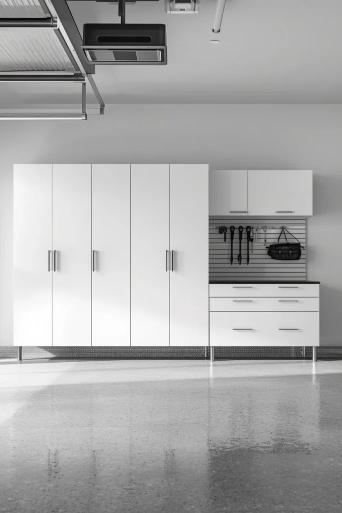 19 Garage Storage Ideas That Finally Tame the Chaos & Look Great Doing It 8 garage cabinetry shot, featuring a row of matte white wall-mounted cabinets
