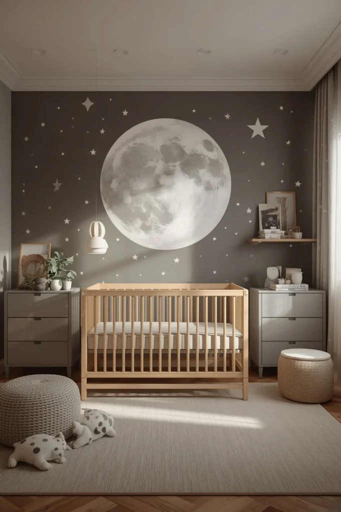 19 Gender Neutral Nursery Ideas That Are Modern, Stylish & Perfectly Timeless 8 celestial nursery, featuring a large moon mural accent wall