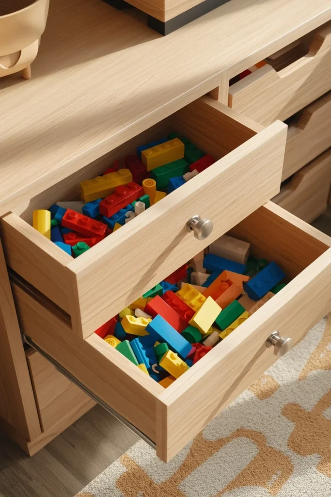 children's playroom, featuring a neutral wood drawer unit