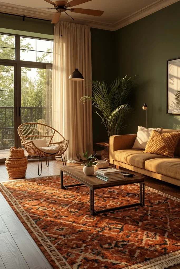 16 Green Living Room Ideas That Bring Life, Calm & Color to Any Space 8 living room, featuring moss green walls paired with a terracotta patterned rug
