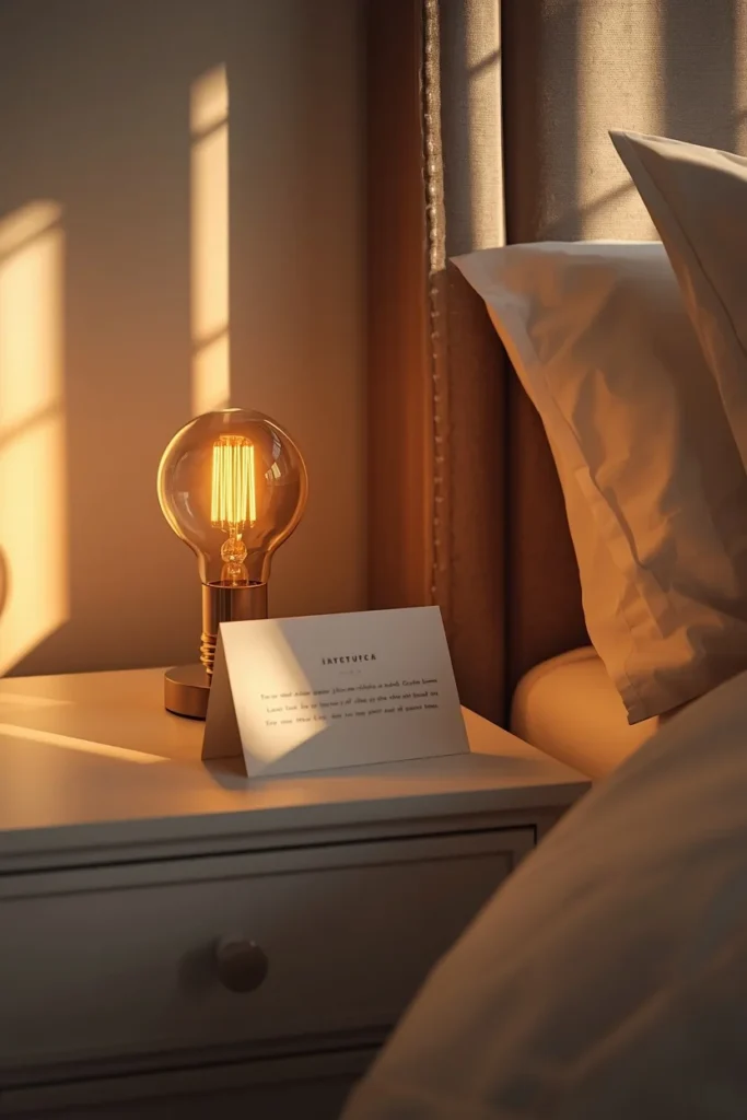 guest bedroom nightstand, featuring a warm amber-glowing smart bulb lamp 