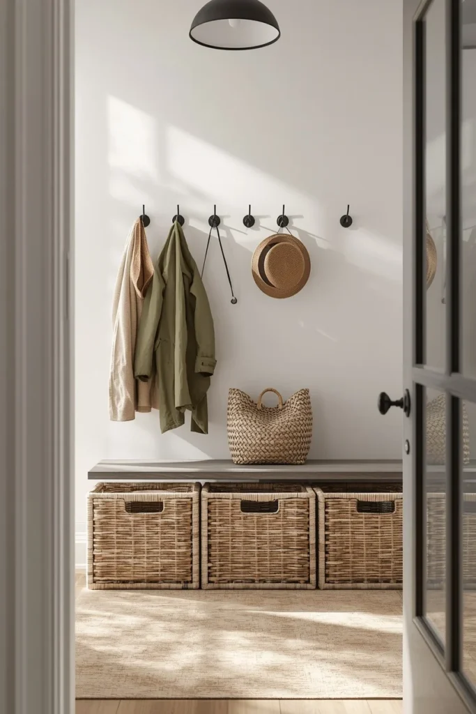 22 Home Entrance Decor Ideas That Make a Stunning First Impression Every Time 8 mudroom entryway, featuring a row of black metal wall hooks