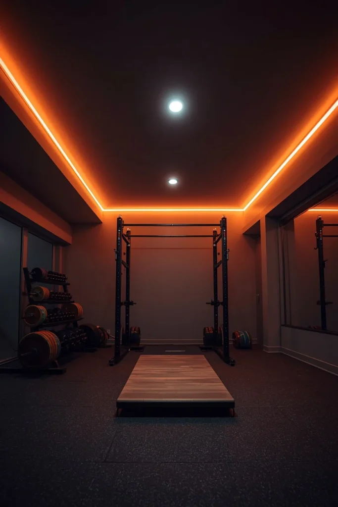 home gym, featuring warm LED light strips