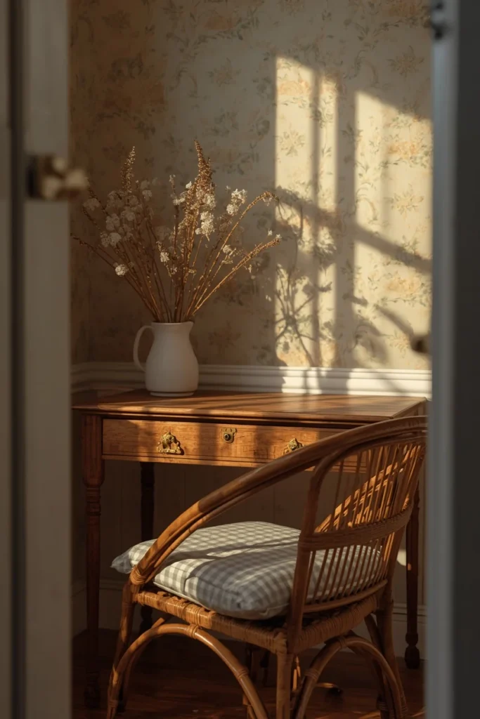 cottagecore home office nook, featuring a small vintage wood desk