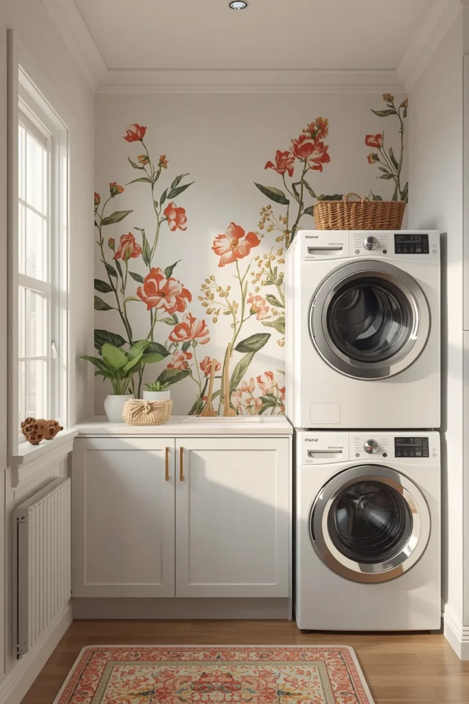 24 Laundry Room Ideas That Make the Most Dreaded Chore Actually Enjoyable 8 laundry room, featuring an oversized botanical floral wallpaper accent wall,