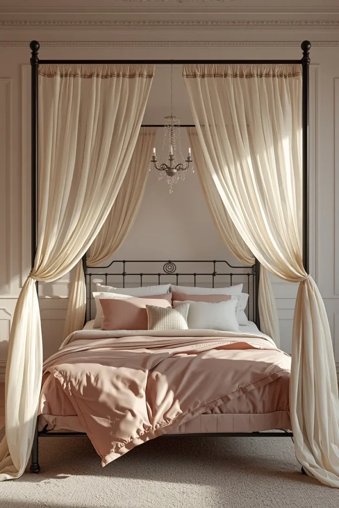 17 Moody Black Bedroom Ideas That Are Hauntingly Beautiful & Chic 8 bedroom, featuring a black metal canopy bed frame