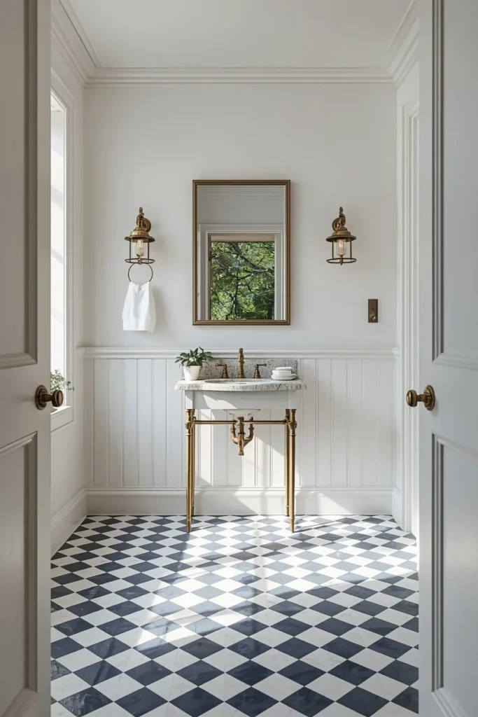16 Moody Blue Bathroom Ideas That Feel Luxurious & Deeply Relaxing 8 traditional bathroom, featuring a navy and white checkered floor tile